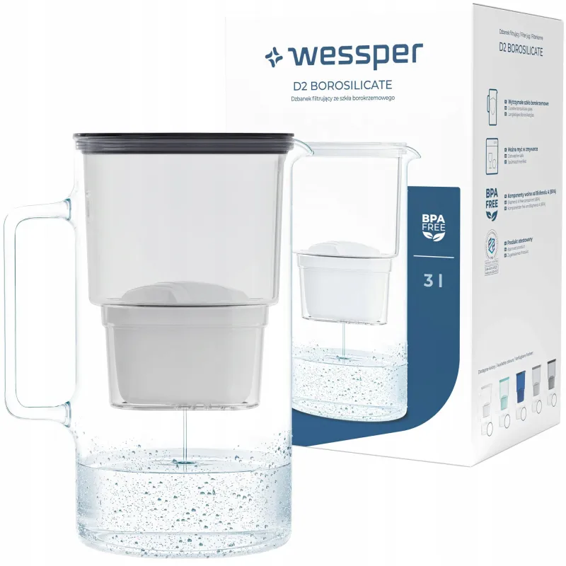 Cana filtranta de sticla Wessper D2 Borosilicate 3L cu filtru, Negru