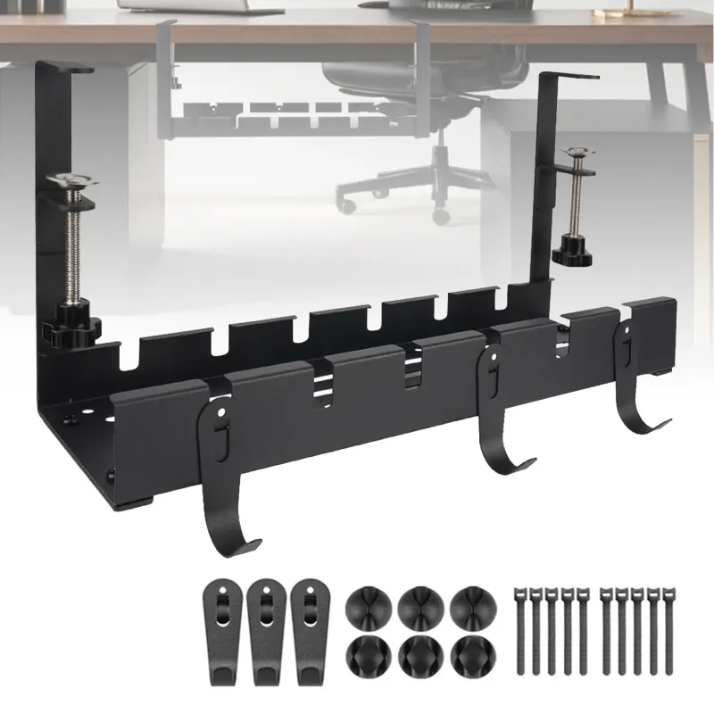 Organizator de cabluri sub birou, Design fara gaurire, acces usor, stabilitate si durabilitate ridicate, pentru birouri cu o grosime de 0,5-5,5 cm, otel carbon acoperit, include 10 coliere de cablu si 6 cleme de cablu, 40*12*19cm