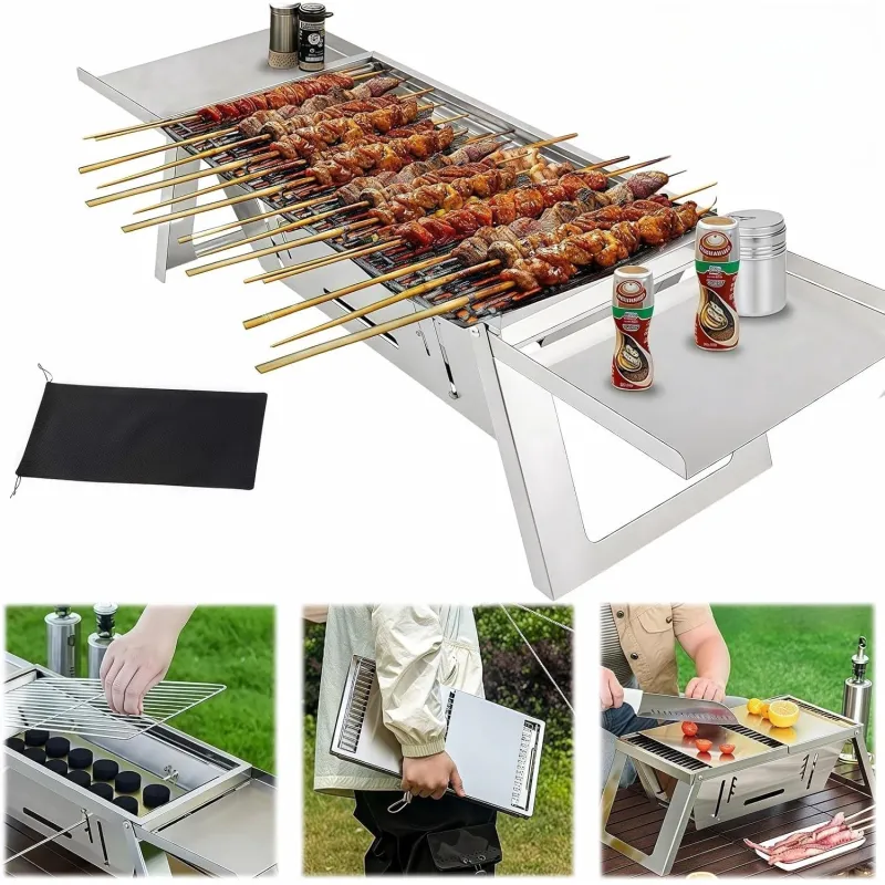 Gratar portabil pliabil, RorAem, cu Gratar de gradina portabil, otel inoxidabil, design compact, usor de curatat, Pliabi, 2 zone de gatit, cu geanta de transport, greutate 3 kg, pentru camping / gradina / curte / terasa, argintiu