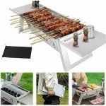 Gratar portabil pliabil, RorAem, cu Gratar de gradina portabil, otel inoxidabil, design compact, usor de curatat, Pliabi, 2 zone de gatit, cu geanta de transport, greutate 3 kg, pentru camping / gradina / curte / terasa, argintiu