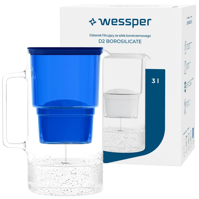 Cana filtranta de sticla Wessper AquaMax Crystalline 2.5L cu filtru, Albastru