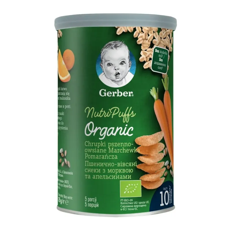 Gustare cu cereale, morcovi si portocale Gerber, de la 10 luni, 35 g