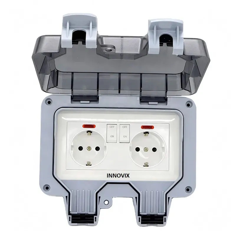 Priza dubla exterior INNOVIX, Model Standard European, 250V/16A, IP66, rezistenta la apa si praf, gri cu intrerupatoare individuale
