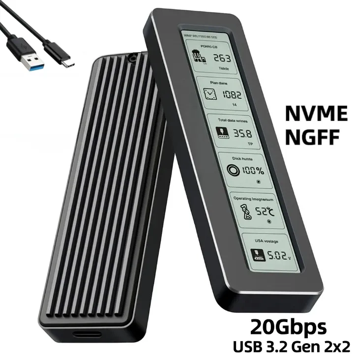 Carcasa Rack Externa SSD pentru M.2 NVMe/NGFF, Viteza 20Gbps, Conector USB-C, Interfata USB 3.2 Gen 2x2, Capacitate maxima 8TB, Material Aluminiu, Ecran LCD, Suport dual protocol pentru SSD-uri M.2 PCIe si SATA NGFF, Plug & Play, Negru