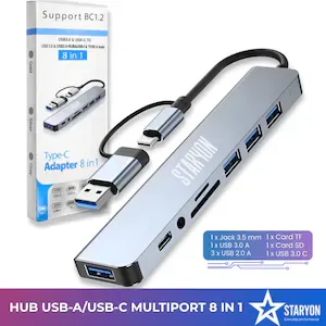 Adaptor HUB USB-A/USB-C Multiport 8-in-1 Staryon® - 3.5 mm Jack Audio, 1 x USB 3.0 Type-A, 3 x USB 2.0 Type-A, 1 x USB 3.0 Type-C data, SD/TF Card Reader, Docking Station Compatibil Cu Laptop Lenovo, Dell, HP, Asus, Acer, Apple MacBook Air/Pro, Gri