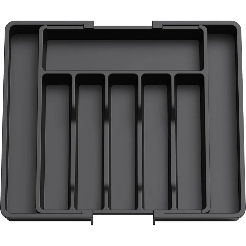 Organizator Extensibil Elindor® pentru Depozitare Tacamuri si Ustensile de Bucatarie, Furculite, Linguri, Cutite, 8 Compartimente, Sertar 33 - 57 cm, Suport Ajustabil, Tava si Separator Sertare Spatios, Accesorii Organizare, PP, fara BPA, Negru