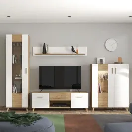 Biblioteca living Bretagna, stejar artisan + folie lucioasa alba, 304 cm, 7C