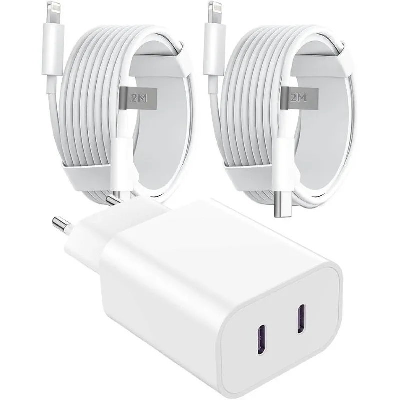 Incarcator rapid 20W pentru iPhone, 2 porturi USB-C, cabluri USB-C 2M, compatibil cu iPhone 14/13/12/11