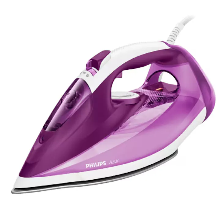 Fier de calcat orizontal cu abur Philips, Abur continuu 50 g/min, Jet de abur de 210 g, Talpa SteamGlide Plus, 2500 W, Tensiune 240 V, Pulverizare apa, Mov/Alb