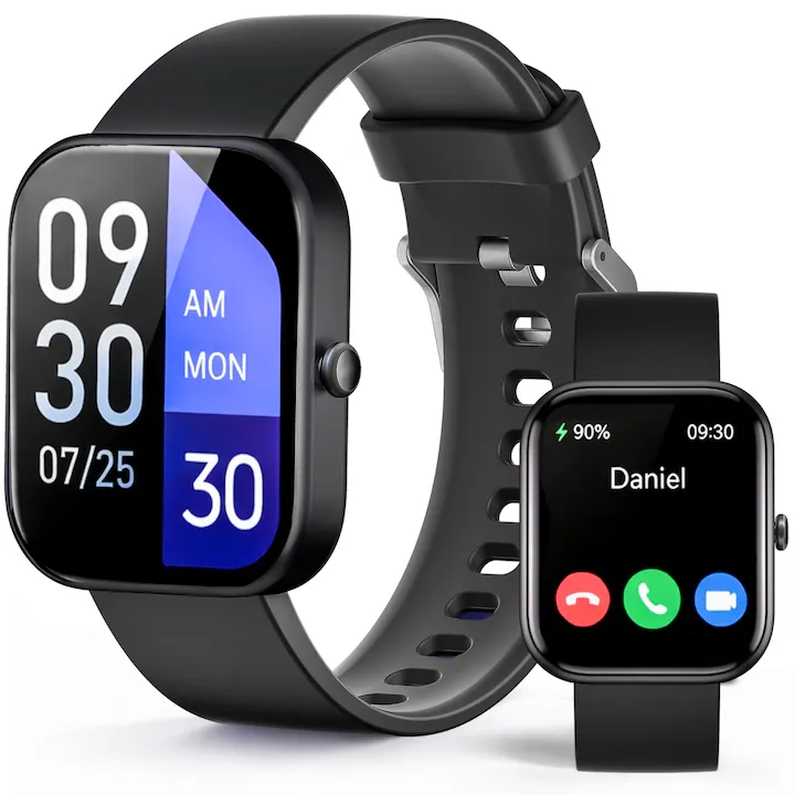 Ceas smartwatch, Smartwatch ROTTER®, Ecran LCD 1.69", Monitorizare Sanatate SMART, Ceas inteligent, Rezistenta IP67, Ceas Smartwatch fitness, Bratara sport, Apel Bluetooth/Notificari, Microfon HD, IPX4, Compatibil cu iOS & Android, Curea silicon, Negru