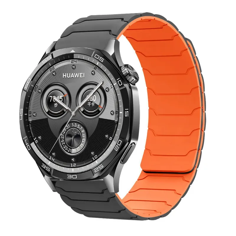 Curea Magnetica din Silicon pentru Huawei Watch GT/2/3/4/5/6(46mm), Samsung Galaxy Watch 3, Latime 22mm, Inchidere Magnetica, Ajustabila, Gri-Portocaliu