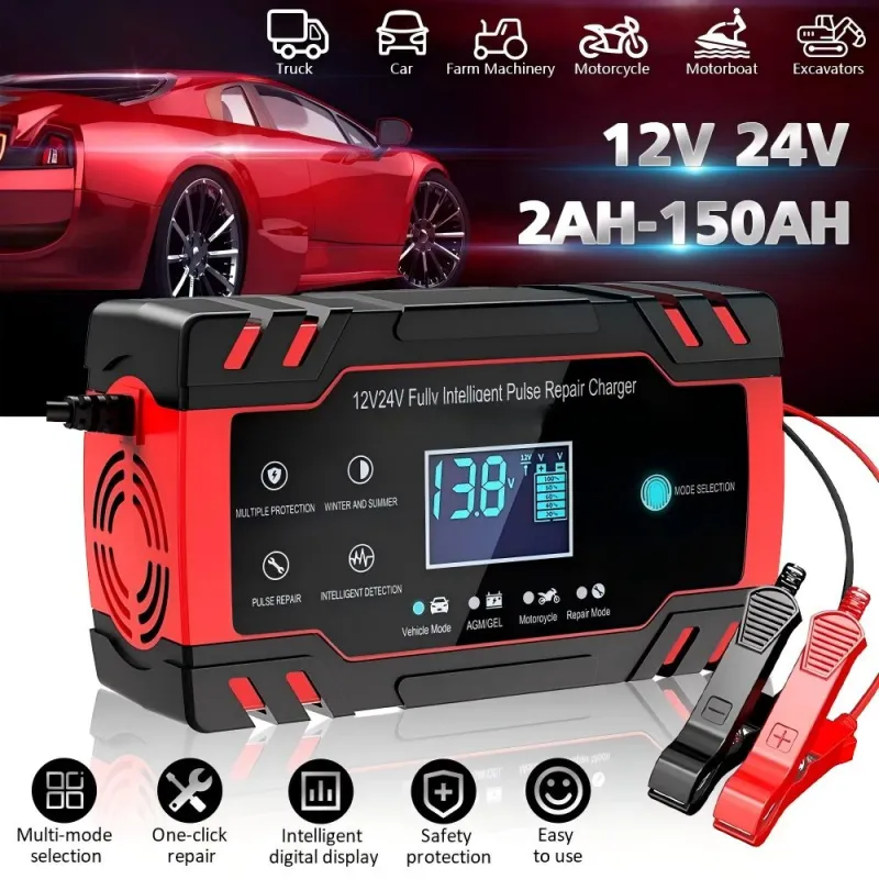 Starter auto multifunctional, Excitat®, Incarcare rapida, 12V/8A, 24V/4A, Display digital, Rosu/Negru