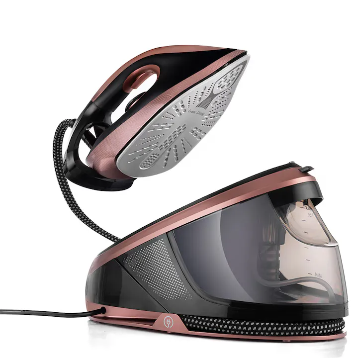 Statie de calcat cu abur Lehmann Smooth 2400W, 8 bar, jet de abur 120 g/min, rezervor 1.5L, ECO Mode, Anti-Calc, Self Clean, talpa ceramica, Auriu/Negru