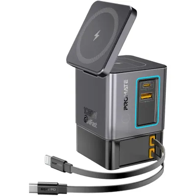 Statie incarcare 6 in 1 PROMATE PowerSync-105, 2xUSB-C Power Delivery 20W, 2xUSB-A Power Delivery 18W, Wireless 15W, negru