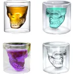Set 4 pahare din sticla cu design craniu, 75ml, ComResi®, transparent, pentru bauturi alcoolice si petreceri