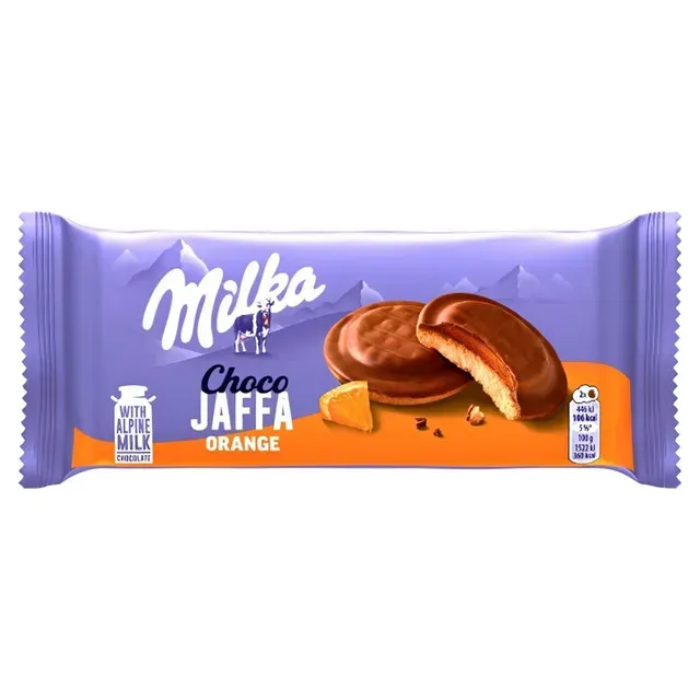 Biscuiti cu jeleu cu aroma de portocale si glazura de ciocolata cu lapte Milka, 147 g