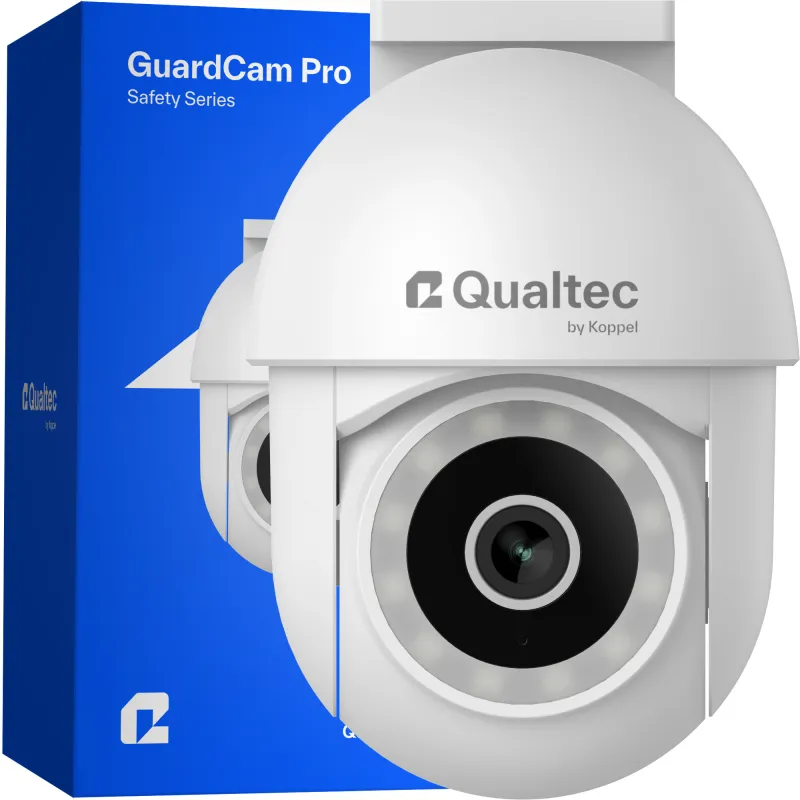 Camera de supraveghere exterior / interior, Qualtec by Koppel®, smart, IP, wireless, WiFi 2.4GHz, rotativa, zoom, detectare & urmarire miscare si persoane, Tuya, audio-video, night vision color & infrarosu, H.265, filmare WDR, 2560x1440, GuardCam Pro, alb