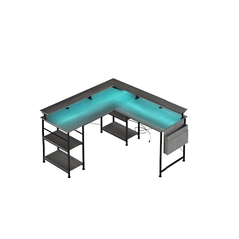 Birou pentru calculator, 140x140x85CM, in forma de L, design cu lumina LED, cu prize, raft de depozitare, lemn aglomerat, cadru metalic din otel, gri