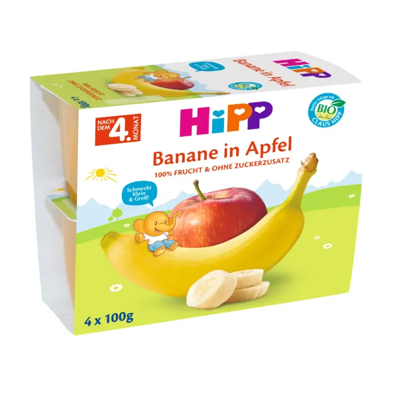 Piure cu banane si mere Hipp, de la 4 luni, 4 x 100 g