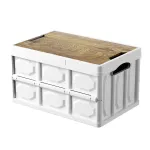 Cutii pliabile de depozitare cu capac de lemn, Organizatoare pliabile dulap si container de depozitare, Cutie multifunctionala de depozitare din plastic pentru camping, Colegiu Dorm Room Essentials, Birou, Exterior, Interior, 52L, alb