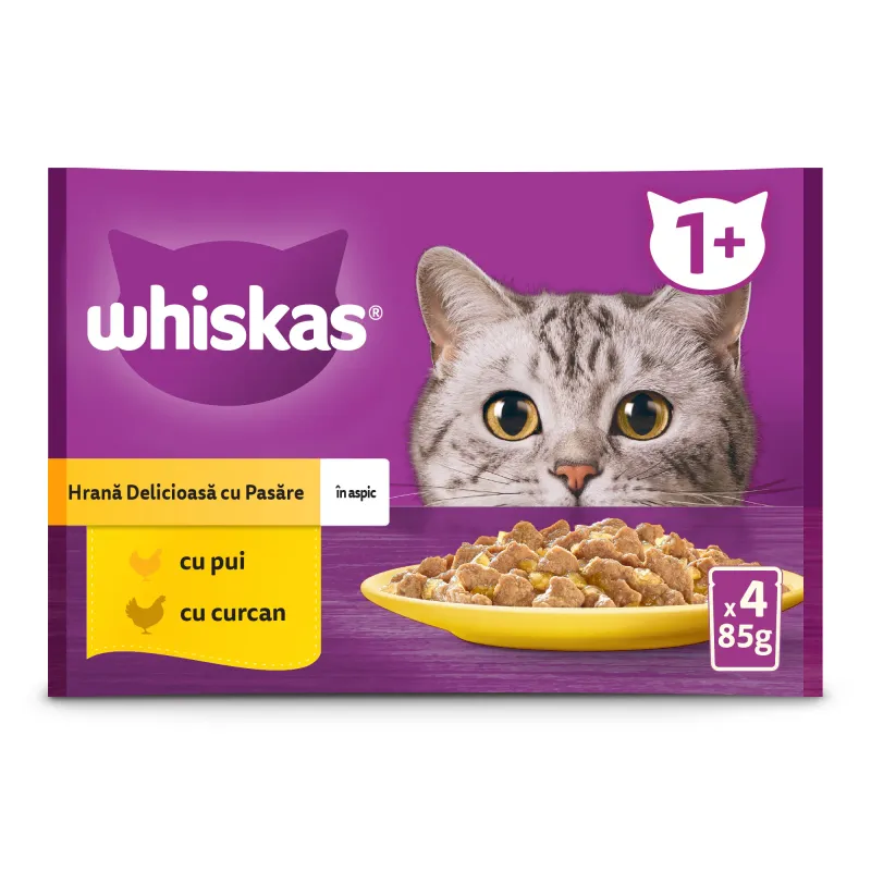 Hrana umeda pentru pisici adulte Whiskas cu carne de pasare in aspic, 4 x 85 g