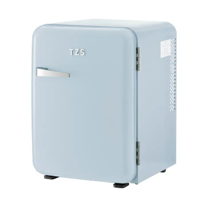 Retro mini frigider TZS First Austria 40L albastru deschis – minibar silentios 22dB cu LED, design vintage elegant, camping, birou, dormitor, hotel