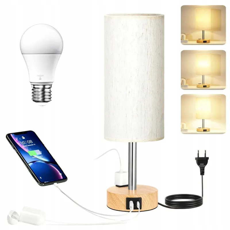 Veioza de Noptiera Tactila Fvchy®, 3 Veioze Lampa de Masa cu Reglare a Intensitatii cu Porturi de Incarcare USB-A+C+Stecar, Bec E27 Inclus, Lampa de Noptiera cu Abajur din Material Textil de In pentru Sufragerie, Camin, Birou de Acasa