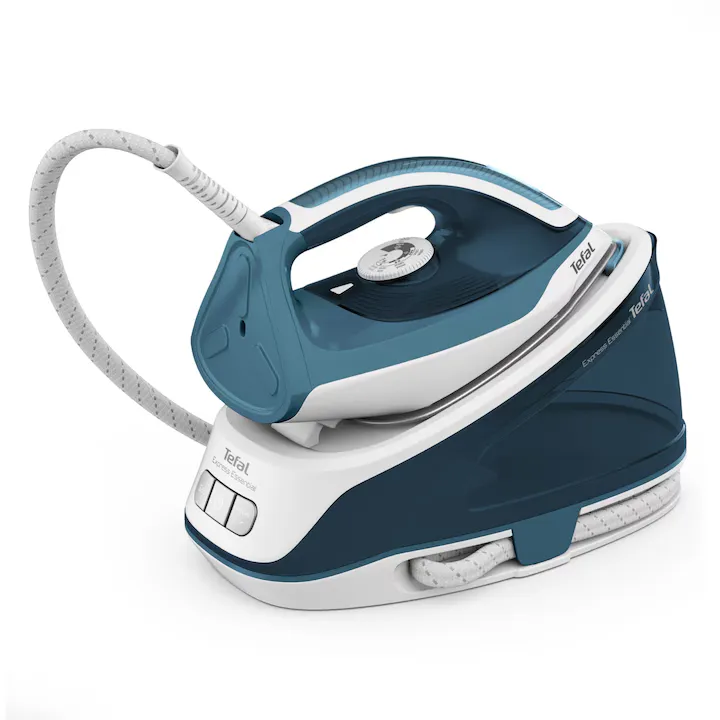 Statie de calcat Tefal Express Essential SV6115E0, 2200W, 5.2 bar, jet de abur 280 g/min, abur variabil 0-120 g/min, rezervor 1.4L, oprire automata, sistem anti-picurare, tehnologie Calc Clear, talpa Xpress Glide, alb/ verde