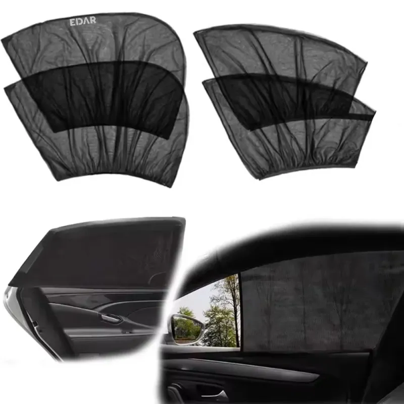 Set 4 plase pentru geamuri auto, EDAR, Protectie Impotriva Razelor Soarelui Si Impotriva Insectelor, Lavabile, Poliester, Negru