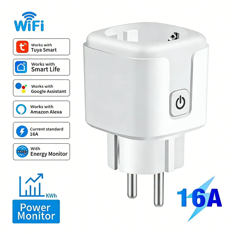 Priza Smart Beeherb® Wi-Fi 16A 3680W, Monitorizare Consum Energie, Control Vocal Alexa/Google, App Tuya/SmartLife, Programare & Timer, Control Distant, 100 - 240V, Alb