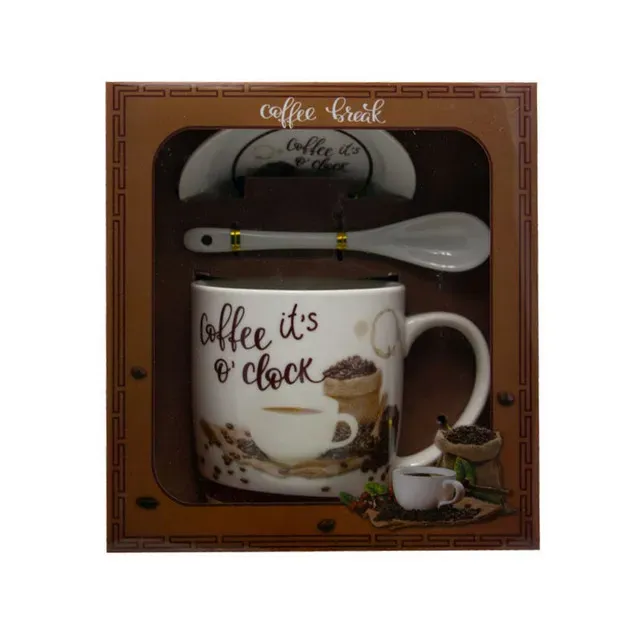 Cana cu farfurie si lingura din ceramica Aromaland, model coffe, 300 ml