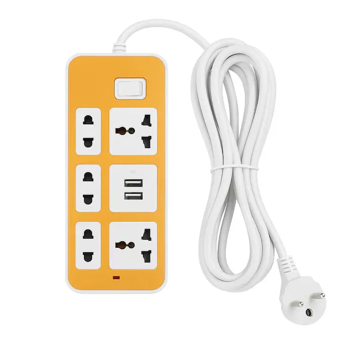 Prelungitor Electric 6 Prize Universale cu 2 Porturi USB pentru Incarcare Rapida, Cablu 5 Metri, Protectie Supratensiune si Intrerupator ON/OFF, Design Modern Alb-Galben, Ideal pentru Casa si Birou, SP-176-2