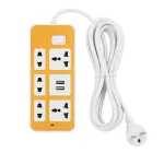 Prelungitor Electric 6 Prize Universale cu 2 Porturi USB pentru Incarcare Rapida, Cablu 5 Metri, Protectie Supratensiune si Intrerupator ON/OFF, Design Modern Alb-Galben, Ideal pentru Casa si Birou, SP-176-2