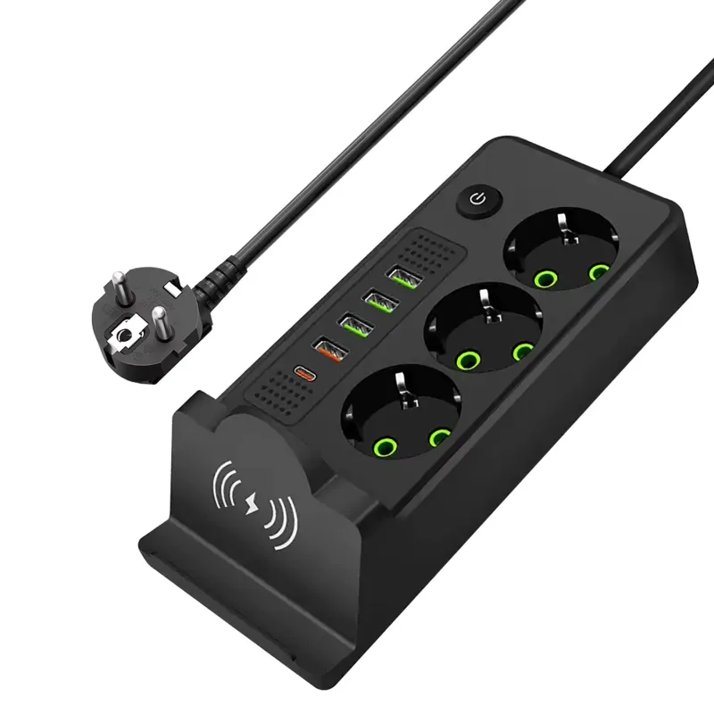 Prelungitor Multifunctional Nubiqo® 2500W cu incarcare Wireless, 3 Prize EU, 4 USB, 1 USB-C PD 20W, Buton LED ON/OFF, cablu 2m, protectie supraincalzire, negru