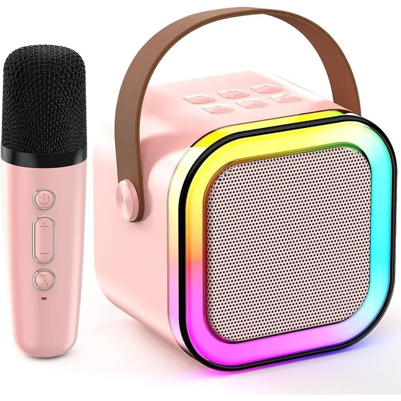 Boxa portabila Karaoke pentru copii, cu microfon wireless, conexiune Bluetooth, cu jocuri de lumini RGB, roz