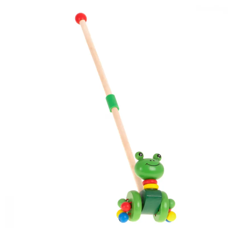 Jucarie de impins din lemn pentru copii Ikonka Green Frog, dotata cu 2 roti, dimensiune 46 x 8 x 6 x 11 cm