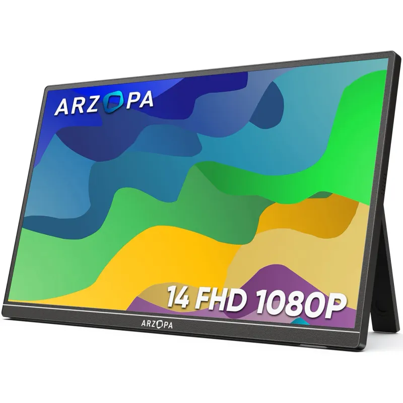 Monitor portabil LED IPS Arzopa A1s 14", Full HD (1920x1080), 60Hz, Mini HDMI, USB-C, Boxe 1W x2, compatibil console, negru