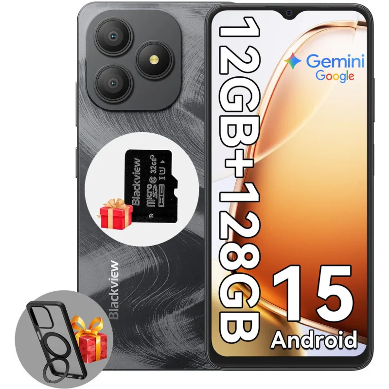Blackview Wave 9C, Dual SIM, Android 15,12GB+128GB,5000mAh, ecran HD+ de 6.56", Camera cu 13MP+8MP, Smartphone 4G, Fingerprint/Face ID/GPS, Negru