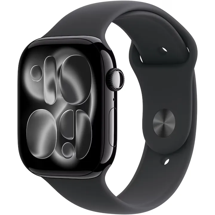 Apple Watch 11 GPS, Carcasa Jet Black Aluminium 46mm, Black Sport Band - M/L