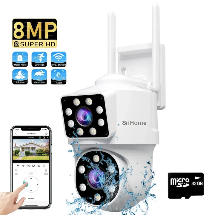 Camera De Supraveghere Video CCTV Dubla WIFI SriHome® SH063 PRO, 8MP, Exterior/Interior, Ultra HD 4K, 4X Zoom, Rotire, Leduri Lumina, Vedere Noaptea Color, Alarma Sonora si Luminoasa, Comunicare Bidirectionala, Senzor Miscare, Alb