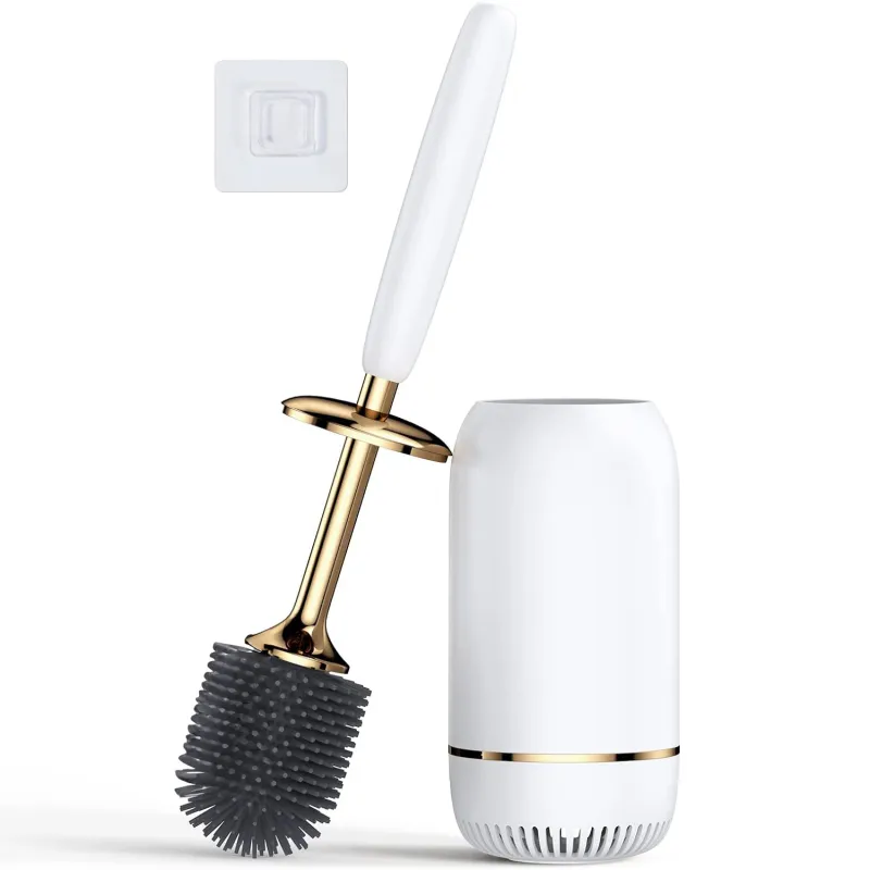 Set Perie de Toaleta din Silicon 360° Premium, cu capac si maner ergonomic, fara picurare, cu prindere pe perete fara gauri, Alb/Auriu