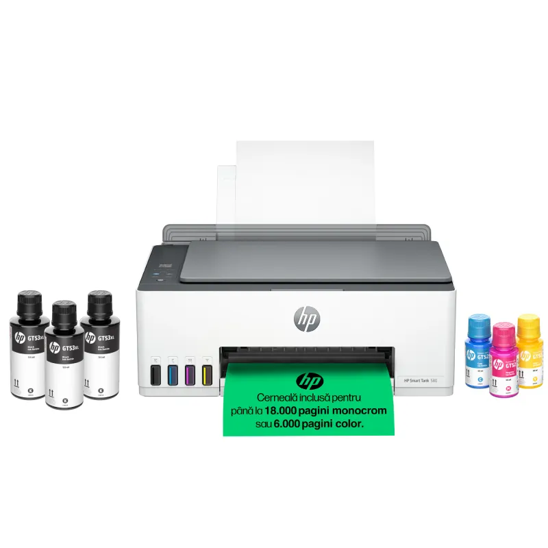 Multifunctional inkjet color CISS HP Smart Tank 580 All-in-One, USB, Wireless, Apple AirPrint, A4, 18.000 de pagini alb-negru sau 6.000 de pagini color