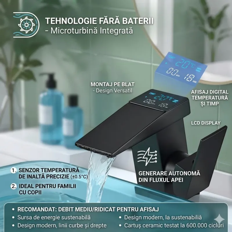 Baterie Lavoar, Charmorah, Afisaj Digital Temperatura si Cronometru, Autogenerare Energie, Cascada, Alama Sanitara, Cartus Ceramic, 130x100mm, Negru Mat
