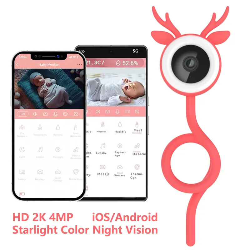 Monitor Inteligent WiFi pentru Bebelusi Beeherb® | Camere de Supraveghere, Viziune Nocturna 4MP HD, Alerte de Hranire, Afisaj de Temperatura | Detectie de Plans, Alerta Mobila, Apeluri Bidirectionale | Compatibil cu iOS si Android, Roz