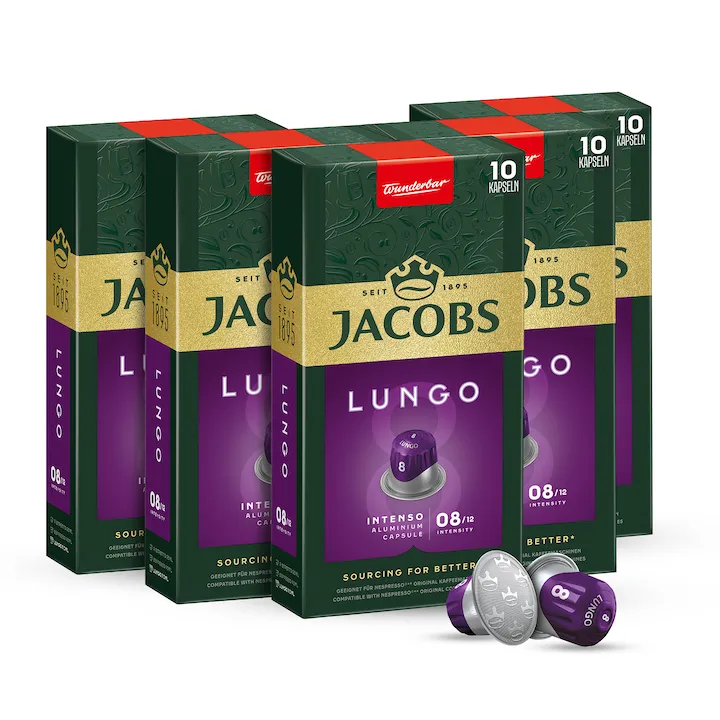 Set 5X Capsule Cafea Jacobs Lungo Intenso, intensitate 8, 50 capsule de aluminiu, compatibile cu Nespresso Original, 260 g