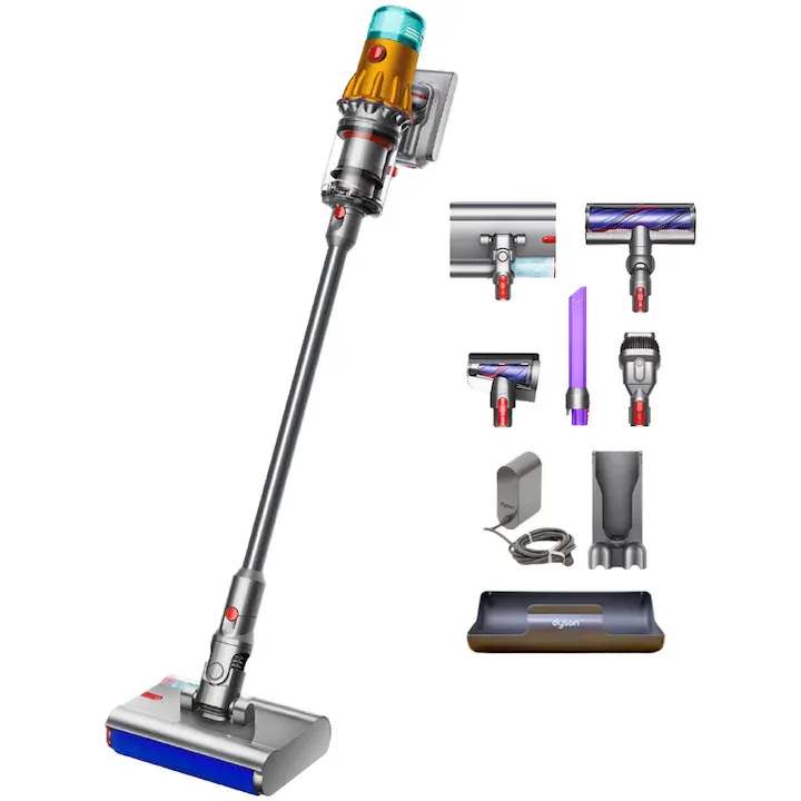 Aspirator vertical fara fir Dyson V12s Detect Slim Submarine™ 485350-01, 545W, putere aspirare 150AW, autonomie pana la 60 minute, 3 niveluri de aspirare, statie andocare, galben/nichel