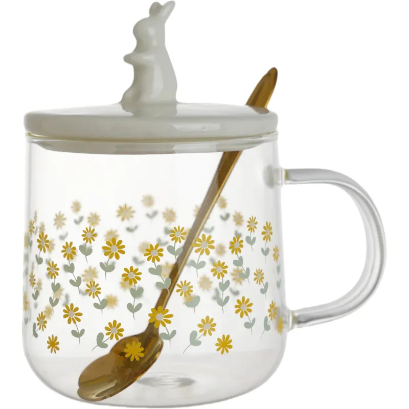 Cana cu capac si lingurita Actuel, sticla borosilicata si portelan, 350 ml, decor flori