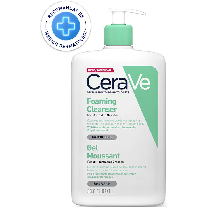 Gel de curatare spumant CeraVe, cu Ceramide si Niacinamida, pentru piele normal-grasa, 976 ml