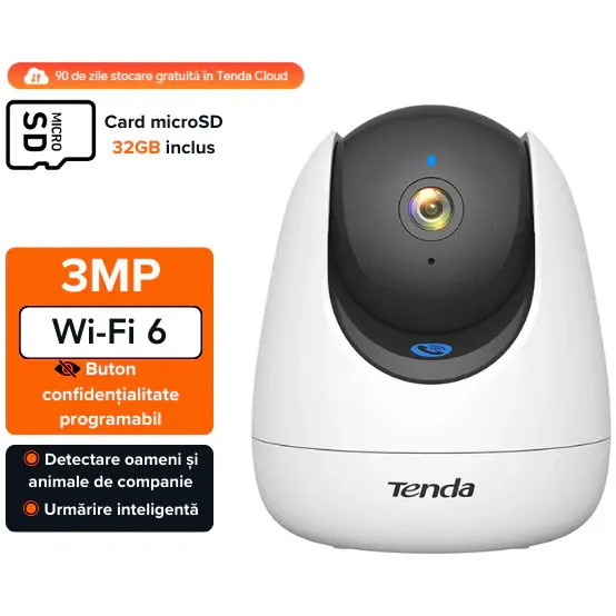 Camera IP interior, Tenda, CP3-PRO, Wi-Fi 6, 3MP (2304x1296), Pan/Tilt, detectie AI (oameni/animale/plans copil), urmarire inteligenta, apelare cu un singur buton, audio bidirectional, IR pana la 12m, , 103x88x88mm, alb, card microSD 32GB inclus