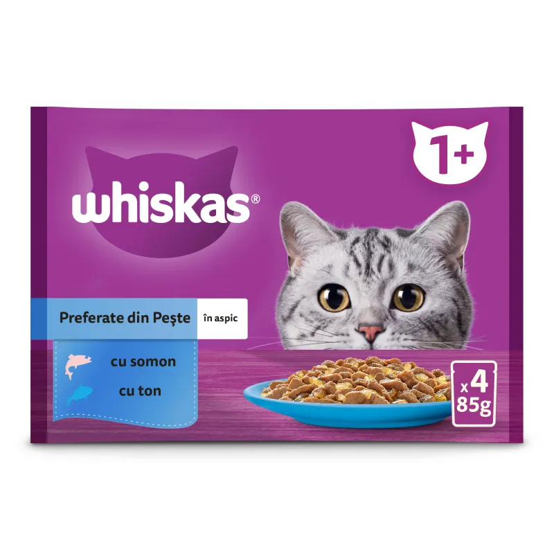 Hrana umeda pentru pisici adulte Whiskas, selectii de peste in aspic, 4 x 85 g